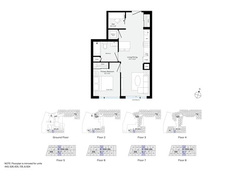 Floor plan for 1 bed, 1 bath, 572 sqft